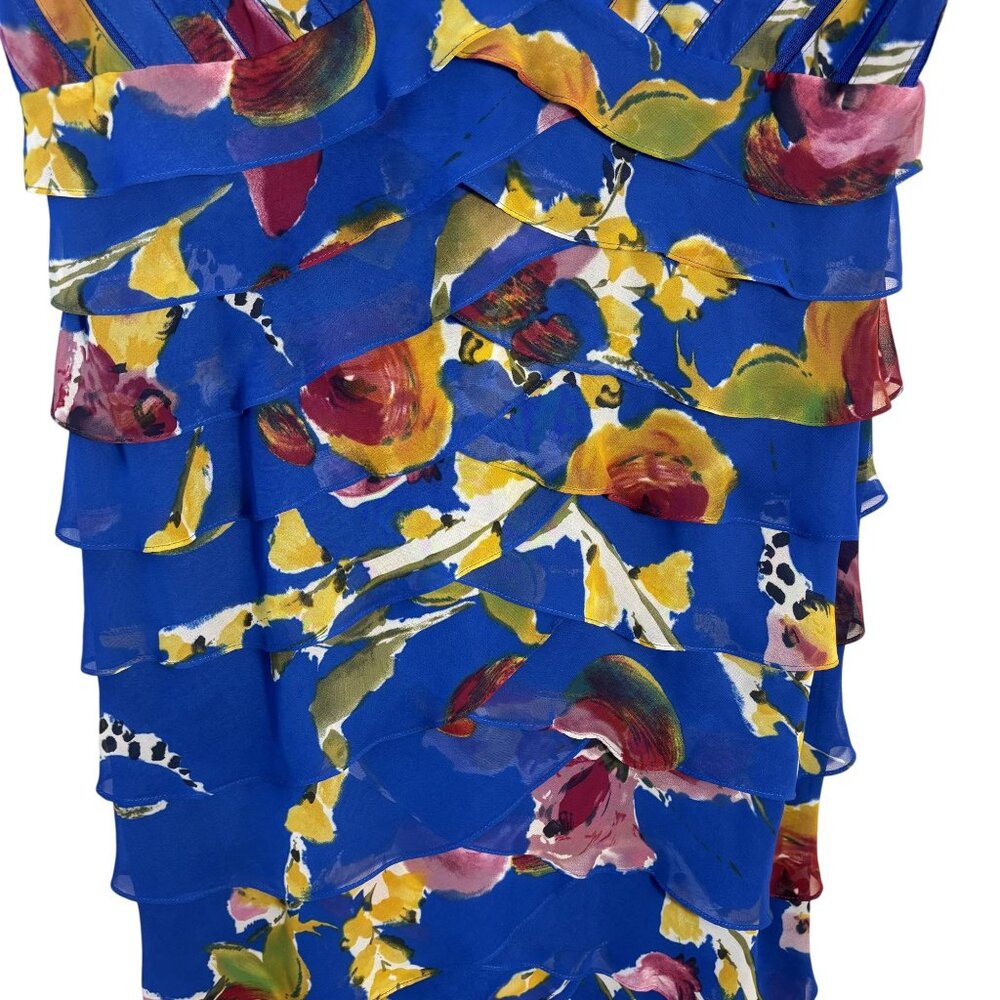 Floral Tiered Blue Sleeveless V-Neck Dress, Ruffled Layers,  Multicolor Print - Picture 6 of 13